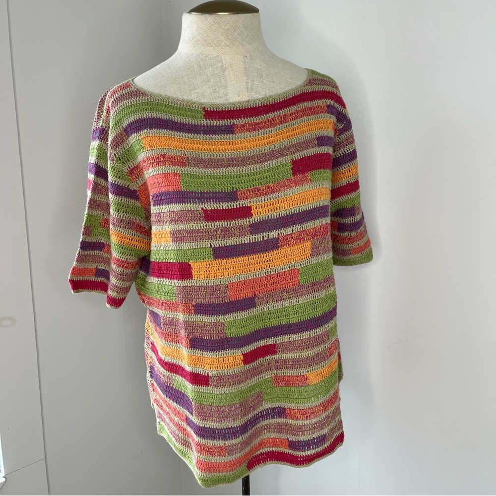 Vintage Y2K J. Jill Multi color Hand Crochet Sweater Top - Linen/Cotton Blend - Picture 2 of 7
